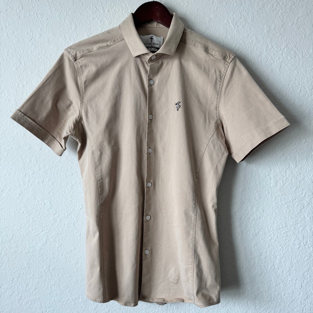 Father Sons Mens L Stretch Slim Fit Short Sleeve Button Down Shirt Tan Beige